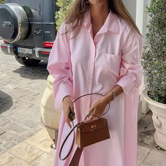 Women Shirt Dressess Split Laple Pockets SingleBreasted Full Sleeve Rolled Butt